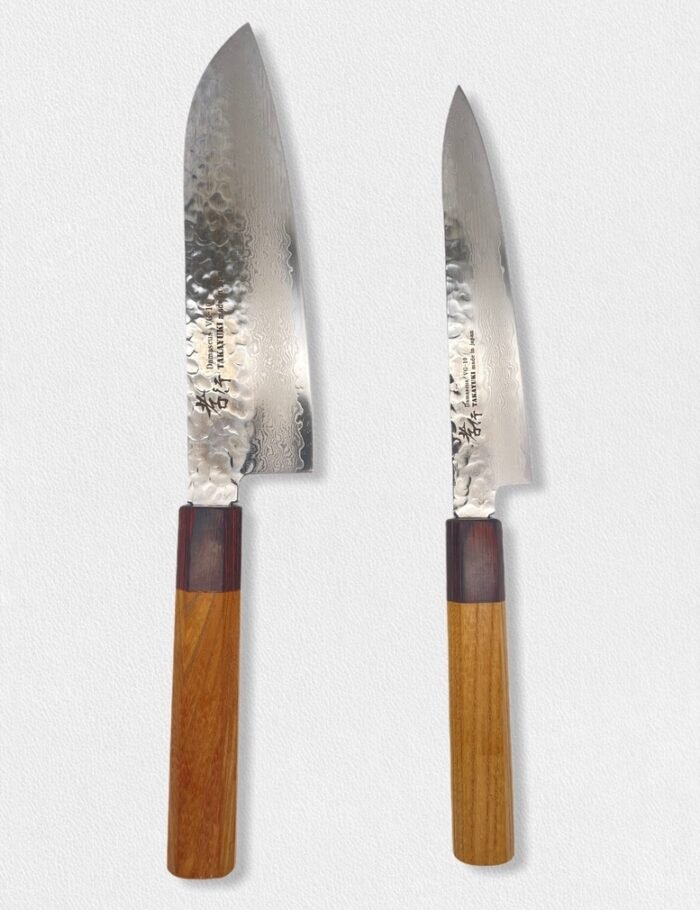 Sakai Takayuki VG10 33 Layer Damascus Japanese Chef Knife Santoku 170mm & Petty 150mm Set with Keyaki (Japanese Elm) Handle