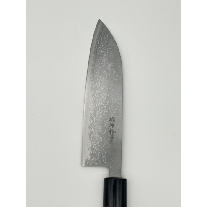 Kajiwara Aogami 2 Kuro-uchi Santoku Japanese Knife 165mm Oval Rosewood Handle - Image 2