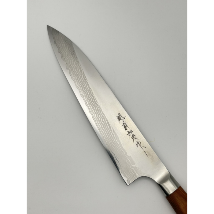 Kamo Katsuyasu Suminagashi VG-10 Migaki Gyuto Japanese Knife 210mm Oval Brown Pakkawood Handle - Image 3