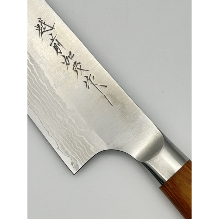 Kamo Katsuyasu Suminagashi VG-10 Migaki Gyuto Japanese Knife 210mm Oval Brown Pakkawood Handle - Image 5