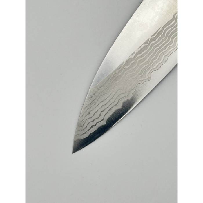 Kamo Katsuyasu Suminagashi VG-10 Migaki Gyuto Japanese Knife 210mm Oval Brown Pakkawood Handle - Image 6
