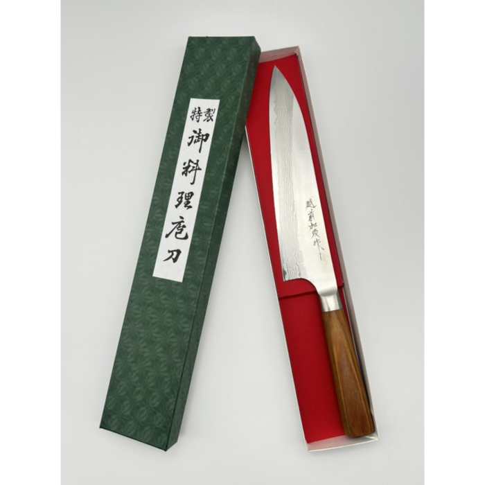 Kamo Katsuyasu Suminagashi VG-10 Migaki Gyuto Japanese Knife 210mm Oval Brown Pakkawood Handle - Image 7